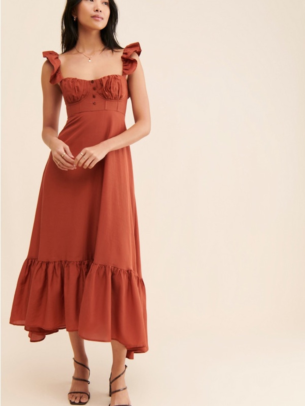 FARM Rio Rust Ruffle-Shoulder Midi Dress - Picture 3 of 11